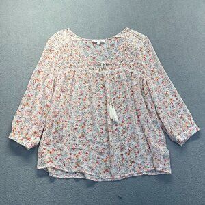 Two by Vince Camuto Floral Peasant‎ Sheer Blouse Large Shirt Tassel Pink Smock
